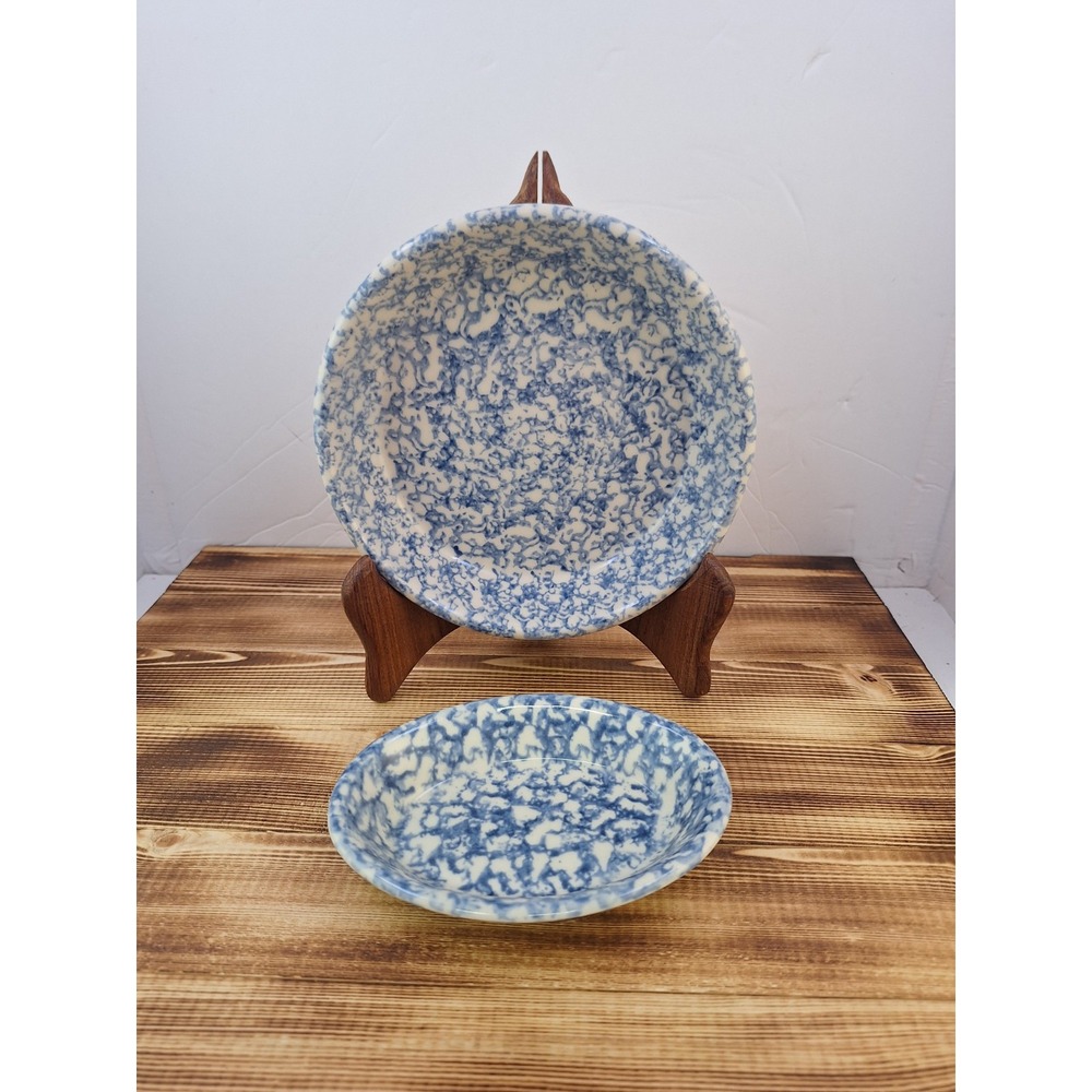 x2 Bel-Terr China BTC USA Blue Spongeware Pottery Circle 92187 Oval 9700 Lot Set